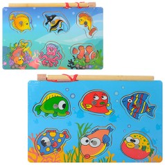 Дерев'яна іграшка Рибалка рамка-вкладиш, морькі тварини, вудка, магніт, 2 види, кул., 12-1 