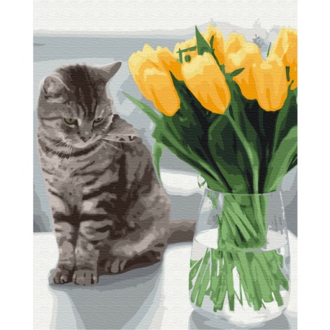 Картина по номерам: Котик с тюльпанами 40*50
