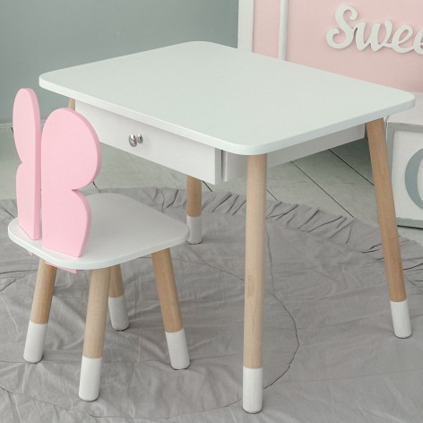 Стіл прямокутний з шухлядою 46х60х45 і стілець метелик 26.5х26х25, столик та стільчик для дівчачої кімнати, рожевий з білим