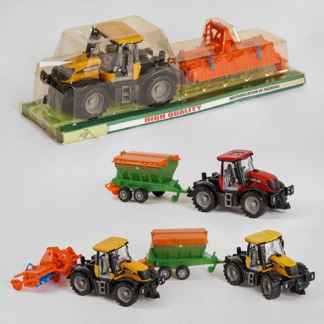 Трактор 4 вида, с прицепом, инерция, движущиеся детали, в слюде /30/