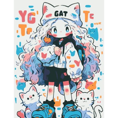 Картина за номерами "Аніме дівчинка з котами" 28x40 см