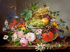 Пазлы Castorland 2000 "Натюрморт с цветами и корзиной с фруктами" (92х68см)