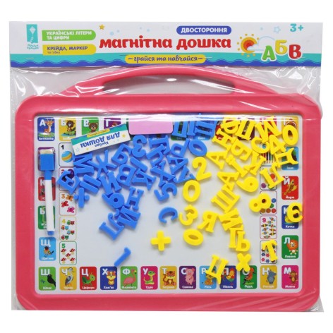 Дошка 2-х стор арт. PL-7004ua УКР. алфавіт+цифри 60 деталей, крейда, маркер, губка, 42*34см в пакеті