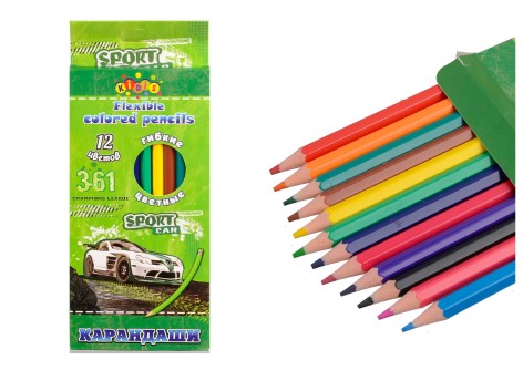 Карандаши пласттковые 12 цвета, яркие цвета корпуса, логотип Kidis, Sport Cars