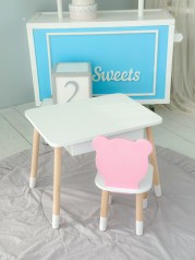 Стіл прямокутний з шухлядою 46х60х45 і стілець мордочка медвежа 26.5х26х25, комплект для дитячої кімнати, білий з рожевим