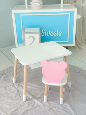 Стіл прямокутний з шухлядою 46х60х45 і стілець мордочка медвежа 26.5х26х25, комплект для дитячої кімнати, білий з рожевим