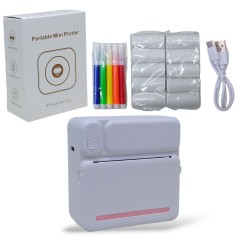 Термопринтер чорно-білий колір друку, Bluetooth, дріт type-C, 11 рулонів термобумаги, фломастери біло-рожевий