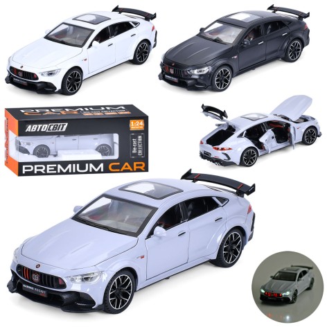 Машина АвтоСвіт, 1:24, метал, інерц, 21см, звук,світло, відчиняються двері/багажник/капот, гумові колеса, 3кольори, бат(табл), в кор-ці, 25,5-11-12,5см 