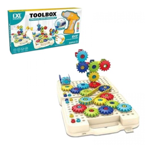 Детская мозаика CAN XIN LONG TOYS с шестернями и шуруповертом 222 детали, съемный мотор, реверс