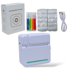 Термопринтер чорно-білий колір друку, Bluetooth, дріт type-C, 11 рулонів термобумаги, фломастери біло-бірюзовий