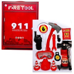 Набір пожежника (вогнегасник із світлом, звуком сирени та парогенерацією, респіратор, компас, рація, свисток, сокира, гайковий ключ) в коробці 40,5х7х30 см