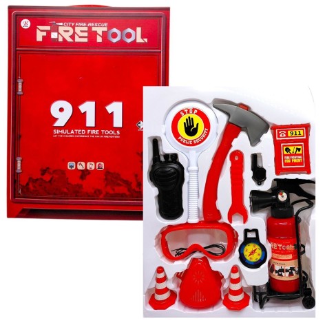 Набор пожарного (огнетушитель с светом, звуком сирены и парогенерацией, респиратор, компас, рация, свисток, топор, гаечный ключ) в коробке 40,5х7х30 см