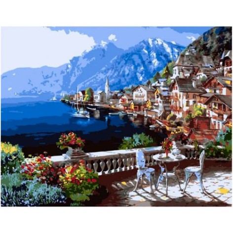 Картина за номерами Столик на терасі Strateg з лаком та рівнем 40х50 см (VA-0371)