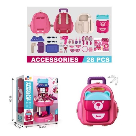 Ігровий набір 3 в 1 - рюкзак, валіза, ігровий столик "Макіяж", 28 елементів