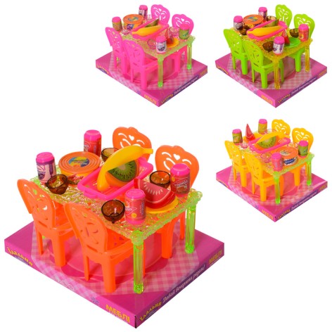 Їдальня стіл, стілець 4 шт., посуд, продукти, 3 кольори, бліст., 18-14-11,5 см. 