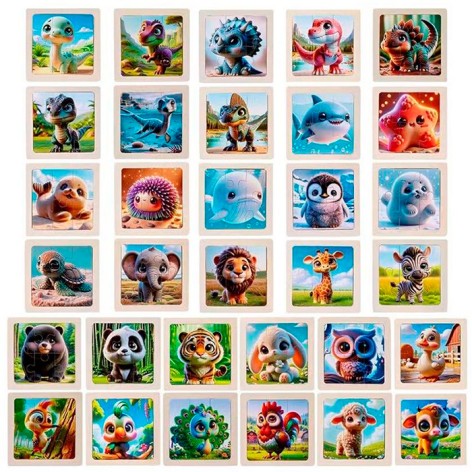 Дерев'яна іграшка Пазли 6дет, мікс видів (тварини, морські мешканці, птахи, динозаври), у п/е, 10-10-0,5см 