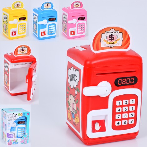 Скарбничка 19см, сейф з кодом, муз.-звук(англ.),  затягує купюри, відбиток, 4 кольори, світло, на бат-ці, в кор-ці, 14,5-20-14,5см 