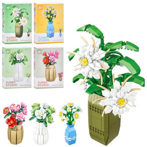 Конструктор квіти, ваза, от 537дет, 4 види, в кор-ці, 26-37-7см 