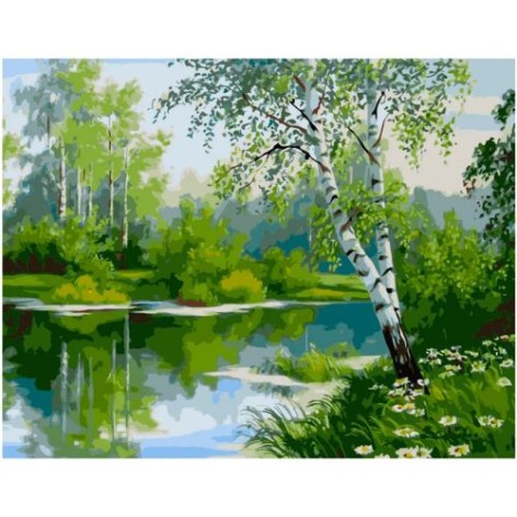 Картина по номерам Березовый гай Strateg с лаком и уровнем размером 40х50 см (VA-0592)