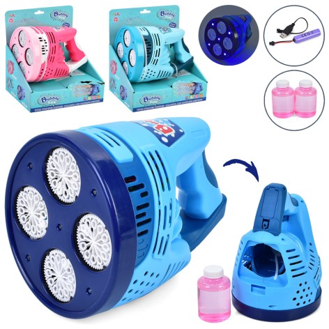 Мильні бульбашки пістолет/бластер, 22см, акум, світло, запаска 9см 2шт, USBзарядне, 3 кольори, в кор-ці, 23,5-26-17см 