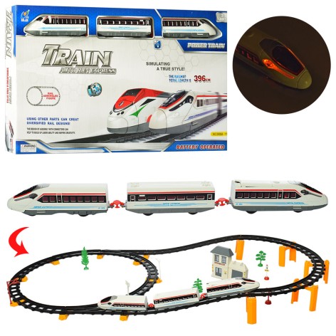 Іграшкова залізниця 396 см з локомотивами, вагоном, будівлею та деревами