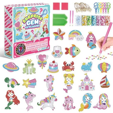 Алмазная мозаика детская в виде адвент-календаря, 24 брелока, 24 крепления, 2 подноса, 2 стилуса 21007K