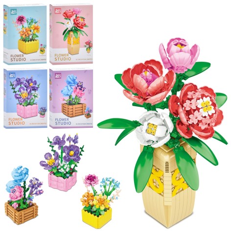 Конструктор квіти, горшик/ваза, від 548дет, 4 види, в кор-ці, 26-37-7см 