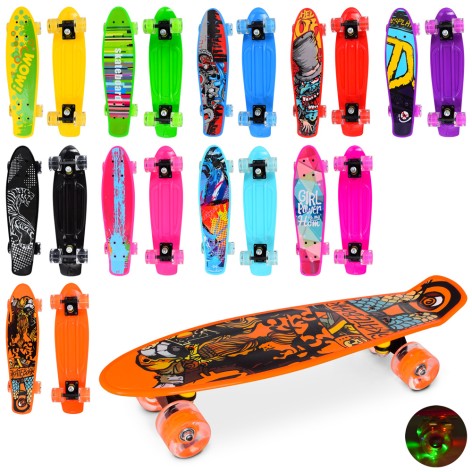 Скейт пенні, 56-14см,алюм.підвіска, кол.ПУ-світло, малюнок, розібр., 10 видів, п/е 