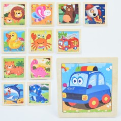 Дерев'яна іграшка Пазли 9дет, мікс видів (тварини, транспорт, морські мешканці, динозаври), у п/е, 11-11-0,5см 