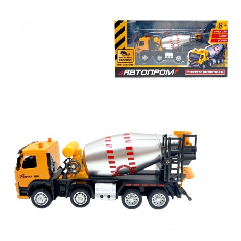 Будтехника мет. АВТОПРОМ VOLVO Автобетонозмішувач, бат,свет,звук,движущиеся детали,в коробке. 28*14*10см