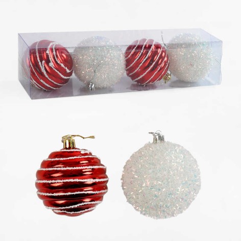 Ёлочные Новогодние украшения 4 штуки шары D=8 см пластиковые с глиттером