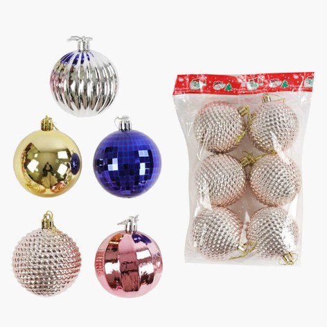 Новорічні прикраси на ялинку 5 видів кульки 6 штук D=7 см (100)