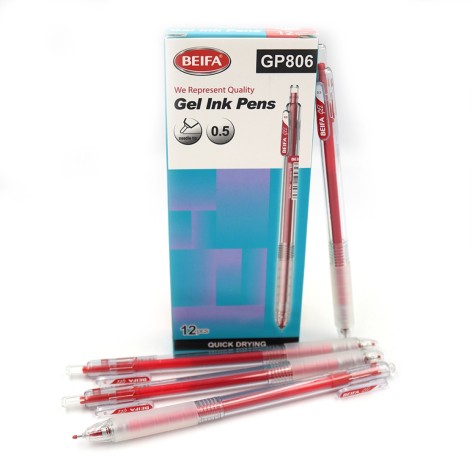 Ручка гелевая автоматическая Beifa 0,5мм, быстро сохнет красная, карт. уп. цена за 12 шт. //