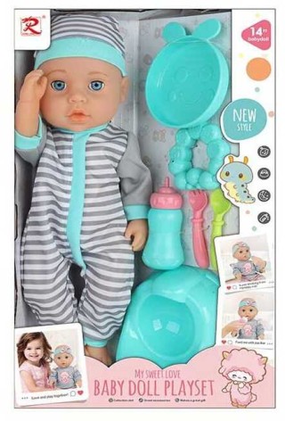 Пупс висота 35 см, закриваються очі, ходить на горщик, знімний одяг, пляшечка, виделка, ложка, тарілочка, іграшка, горщик, в кор. 