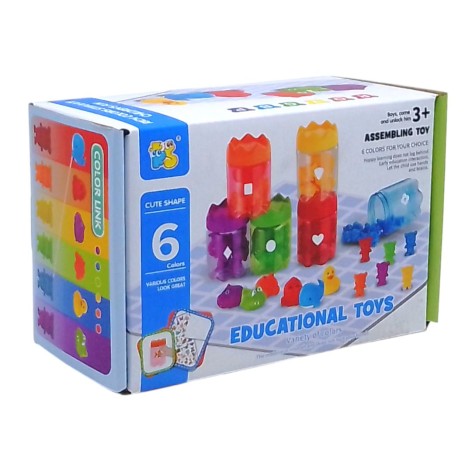 Логічна гра MIC "Сортер+конструктор" 98 елементів 6 контейнерів фігурки тварин картки завдання пластикові щипці (2188-86)