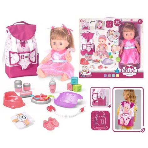 Пупс висота 30 см, чіп зі звуками, п'є, ходити в туалет, заплющує очі, аксесуари, рюкзак, в коробці