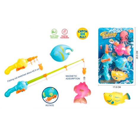 Риболовля магнітна, 1 вудка, 3 рибки, 2 кольори, на листі, 18-28,5-6см 