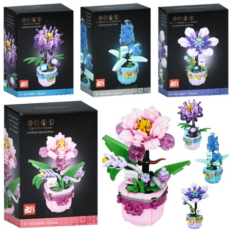 Конструктор квітка в горщику, від 12,5см, від 152дет, 4 види, в кор-ці, 12-17-6см 