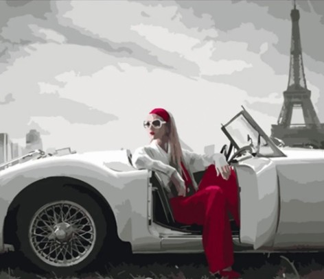 Набір для розпису по номерах Кабріолет на фоні Ейфелевої вежі Strateg розміром 40х50 см (HH045)