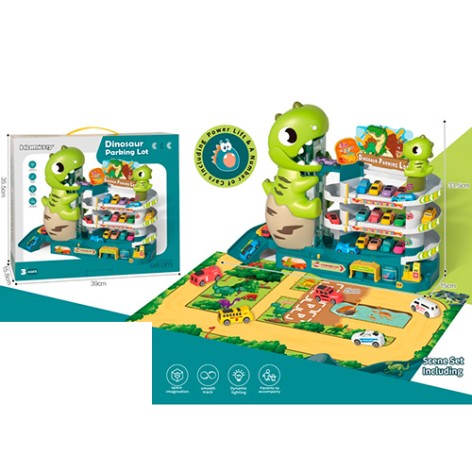 Трек Гараж 3 поверхи, машинка 6шт, динозавр-ліфт, звук, на бат-ці, кор-ці, 39-33,5-15,5см 