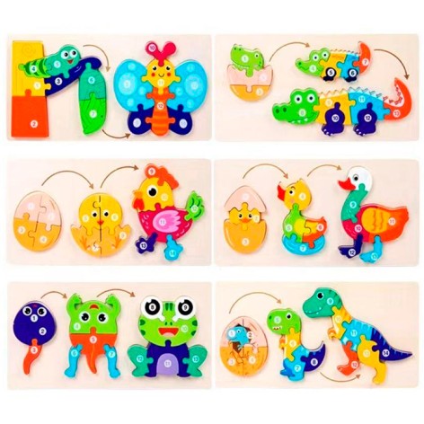 Деревянная игрушка Пазлы Жизненный цикл, 3в1, от 13шт, 6 видов(метлик,крокодил,певец, утка, жаба, динозавр), в п/е, 30-15-1см 