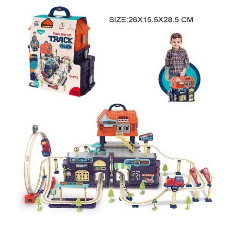 Трек 2в1 бокс+трек, потяг, звук, 154 елементи, длина треку 93см, двері будинку відчиняються, рейки, біля валізі