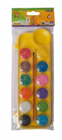 Краски акварельные 12 цветов, пластиковая коробка, с кистью, желтый, Kids Line