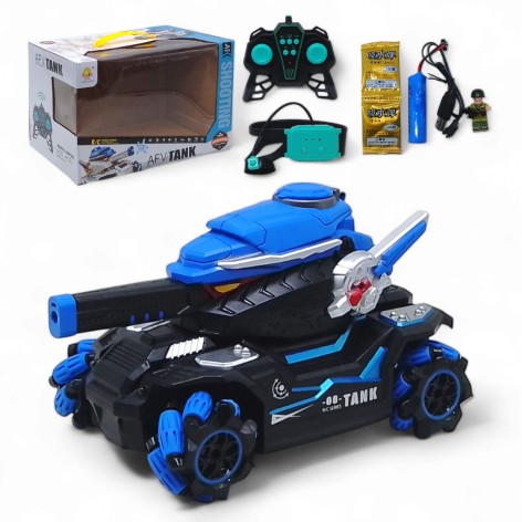 Танк на радіокеруванні, звуки, підсвічування, аккумулятор 3.7V, пульт 2.4G, сенсорний браслет, стріляє орбізами, фігурка героя (синій)