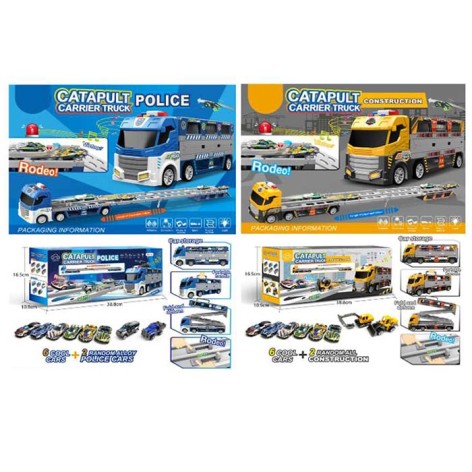 Трейлер 38см, звук, свет, резиновые колеса, трек, машинки, 2 вида (полиция, стройтехника), на бат (табл), в кор-ке, 39-17-11см 