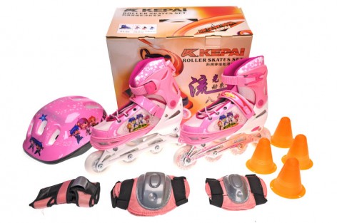 Ролики Kepai 38-41г. розовые (алюминиевая рама, PU колеса, 8 колес светящиеся, шлем + защита) 27*32,5*19,5 см