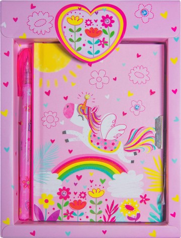 Блокнот дитячий на замочці в подарунковій коробочці з ручкою 150x110mm, 70g, 56 л., єдиноріг рожевий