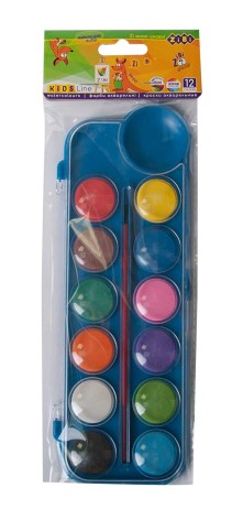 Фарби аквареллю 12 кольорів, пластикова коробка, з пензлем, синій, Kids Line