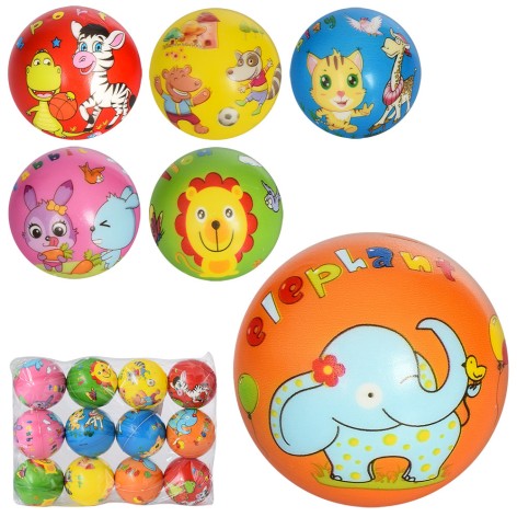 М'яч дитячий фомовий 7,6см, 6 видів, тварини, 12шт в п/е /20