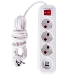 Електричний подовжувач з вимикачем на 3шт/3м та 2 USB ALFUSB303-3M